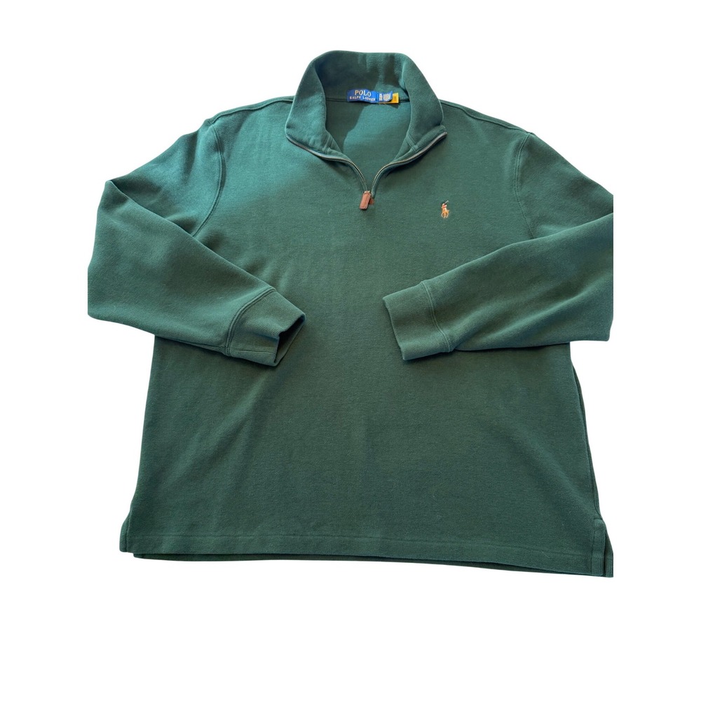 Polo‎ Ralph Lauren Mens XL Hunter Green Cotton Quarter Zip Vintage Sweater